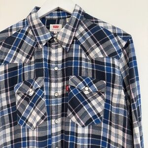 Levi's Men's Medium Classic Western Red Tag Blue Plaid Cowboy Shirt Pearl Snaps